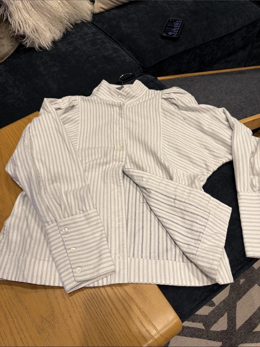 Banana Republic White Shirt with Navy Pinstripes and High Collar